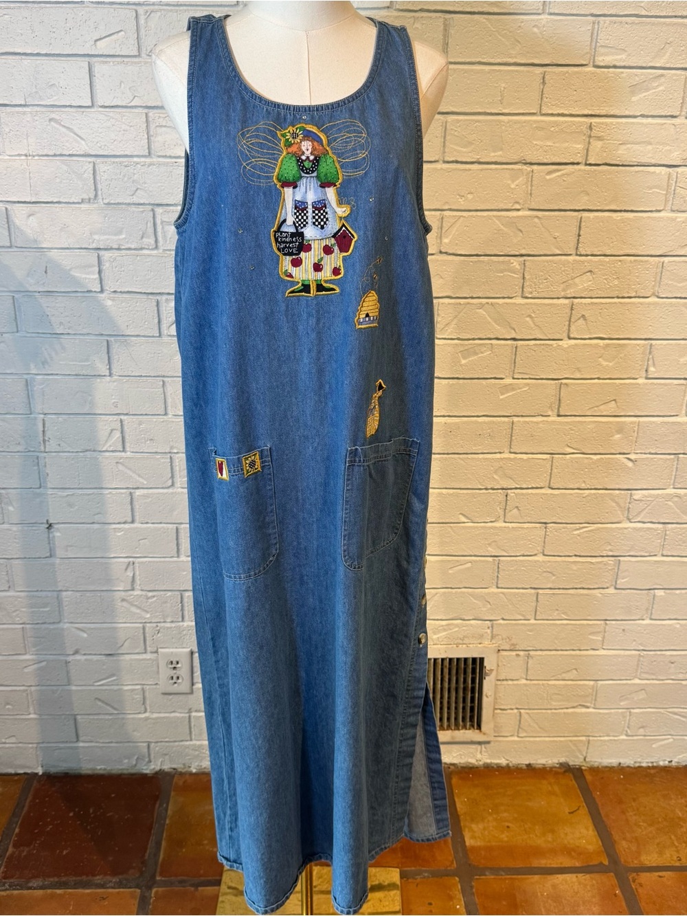 Vintage 90s The Quacker Factory Embroidered Appliqué Denim Pinafore Dress M